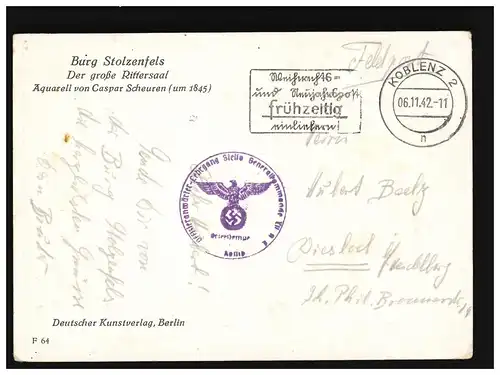 AK Burg Stolzenfels Großer Rittersaal Scheuren, Feldpost, Koblenz 6.11.1942