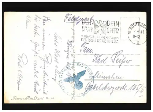 AK Berchtesgaden avec Watzmann, Alpes, Panorama, Feldpost, Bertschesgasgades 3.6.1941