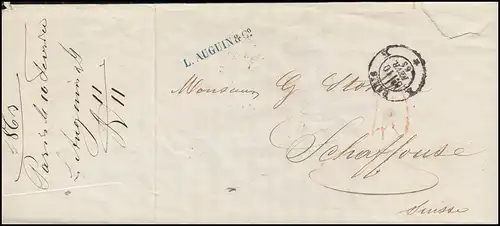Frankreich Brief roter Barfreimachungs-Stempel 40, PARIS um 1863 in die Schweiz