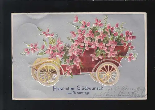 Prägekarte Auto Blumen Geburtstag Glückwunsch, Eschede 18.4.1908