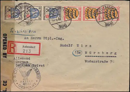 Cennorragie U.S. CIVIL CENSORSHIP avec Franz. Zone Général R-Lettre AULENDORF 23.4.46