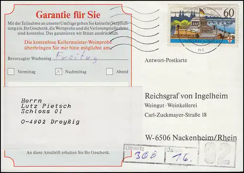 1583x Koblenz ohne Fluoreszenz als EF auf Postkarte 1992 bedarfsgerecht gelaufen