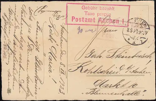 Gebühr-bezahlt-Stempel Postamt Aachen 1 / AACHEN 8.9.1923 auf Namenstagkarte