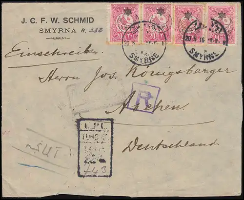 Türkei: SMYRNA / SMYRNE 20.5.1916 Briefvorderseite mit 338 Aufdruck-Marken