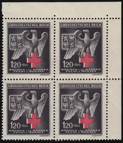 Böhmen und Mähren 132 Rotes Kreuz 1943 als Eckrand-Viererblock oben rechts **