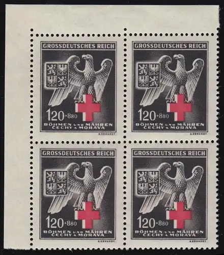 Böhmen und Mähren 132 Rotes Kreuz 1943 als Eckrand-Viererblock oben links **