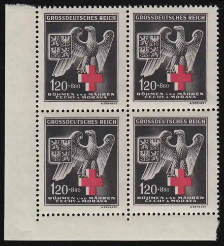 Böhmen und Mähren 132 Rotes Kreuz 1943 als Eckrand-Viererblock unten links **
