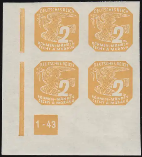 Böhmen und Mähren 117 Zeitungsmarke ER-Viererblock u.l. mit Pl.-Nr. 1-43 **