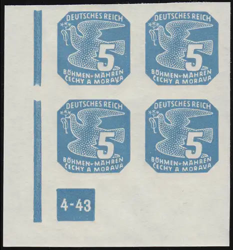 Böhmen und Mähren 118 Zeitungsmarke ER-Viererblock u.l. mit Pl.-Nr. 4-43 **