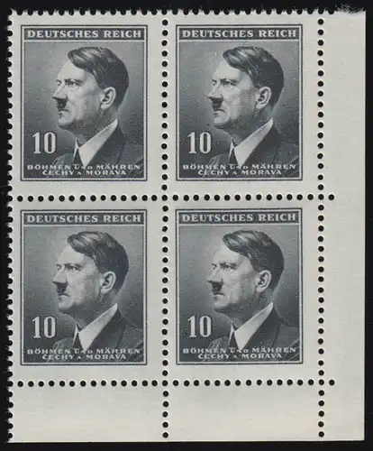 Bohême et Moravie 107 Marque libre 10 K comme bloc quatre d'angle en bas à droite **