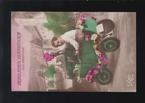 Straßenverkehr Glückwunsch Namenstag Automobil Kind Blumen, Sulzberg 9.10.1931