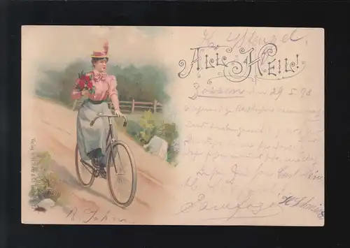 Straßenverkehr All Heil! Fahrradfahrerin Blumenstrauß Rock, Berlin 30.5.1898