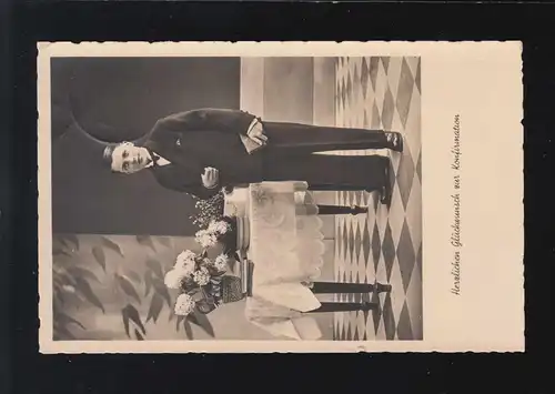 Konfirmation Kirche Junge Glückwünsche Blumenstrauß, Niederoderwitz 13.4.1935