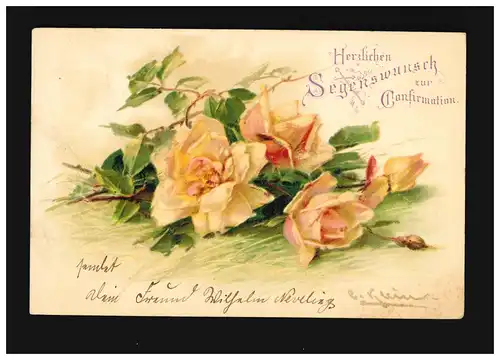 Confirmation Bénédiction Roses Fleurs Branches signées, Berlin 14.03.1904