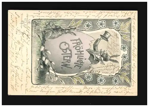 Ostern Fröhliche Hase Brille Frack Ei Blumenranken Art Deco, Hannover 29.3.1902