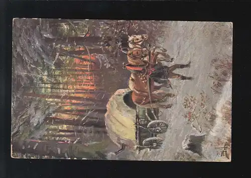 Straßenverkehr Pferdefuhrwerk Schnee Wald Künstler signiert, Wengen Österreich