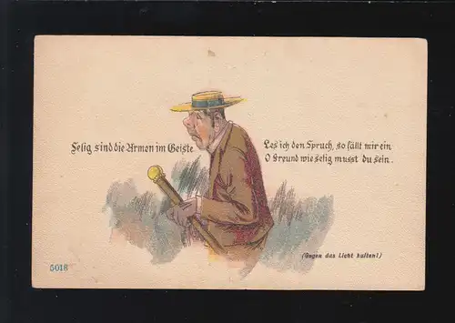 AK Karikatur Selig sind die Armen im Geiste, Mann, Gegen das Licht, ungebraucht