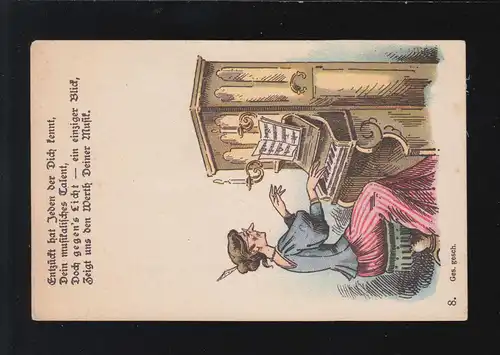 AK Caricature jeu de piano talent musical vieux jeune fille, inutile