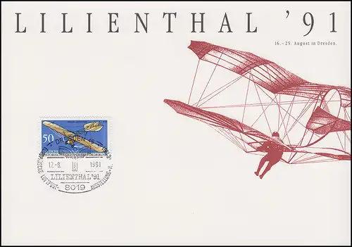 Erinnerungskarte Ausstellung LILIENTHAL'91 mit 1523 SSt DRESDEN Luftpost 17.8.91