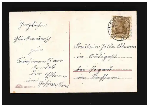 Konfirmation Pfarrer Mädchen vor Altar Bibel Blumen Koloration, Pegau 31.3.1917