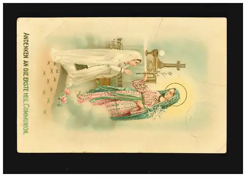 Communion Souvenir de la première sainte, fille à genoux devant Maria, Bonn 14.4.1917