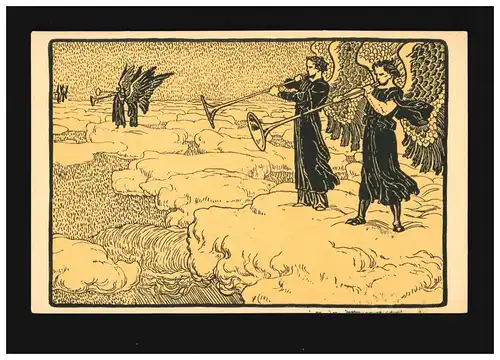 Engel dans le ciel trompettes Lithographie Réveillez-vous carte d'artiste, Berlin 30.8.1915