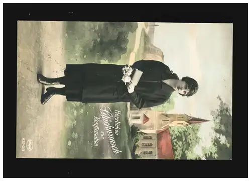 Konfirmation Glückwunsch Mädchen Kirche Koloration, Bahnpost /Neker 23.3.1929