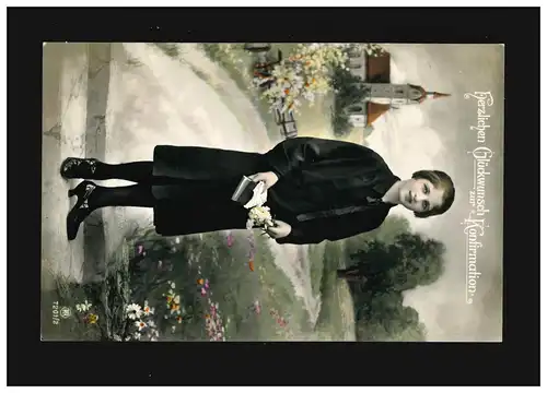 Konfirmation Mädchen Kirche Blumen am Weg Koloration, Mauren (Thurgau) 17.4.1935