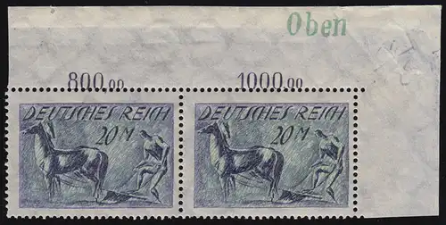 196 Freimarke 20 M. Eckrandpaar oben rechts mit grünem Druckvermerk "Oben", ** 