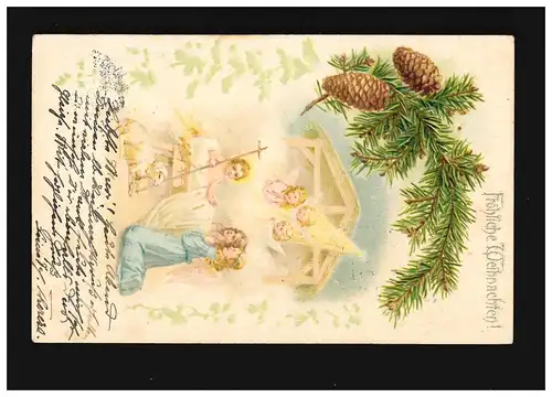 Weihnachten Fröhliche Jesus Kind Krippe mit Engeln, Augsburg /Kempten 23.12.1902