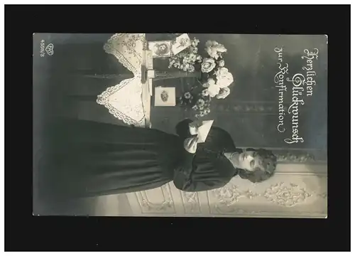 Konfirmation Herzlichen Glückwunsch Mädchen Umschlag Blumen, Adorf 29.2.1924