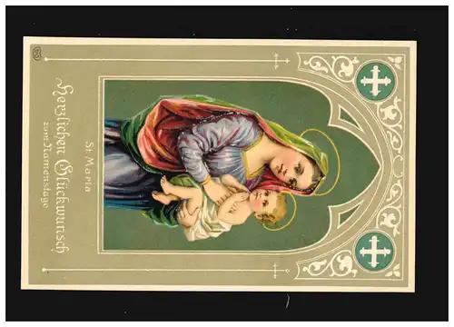 Namenstag Heilige Maria mit Jesus Kind Prägekarte, ungebraucht