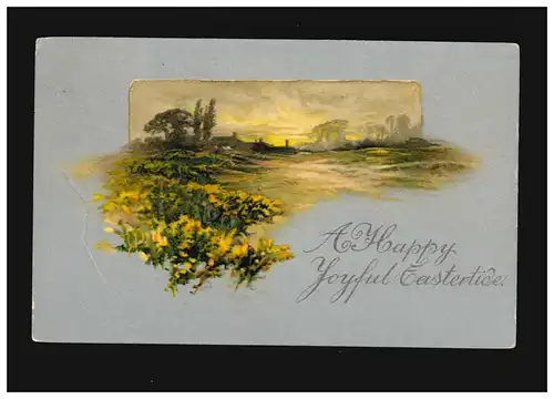 Pâques A Happy Yoyful Eastertide paysage fleurs jaunes, couru 25.3.1910