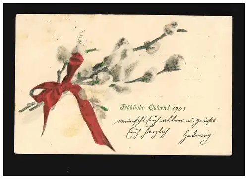Ostern Fröhliche Strauß Weidenkätzchen mit roter Schleife, München 11.4.1903