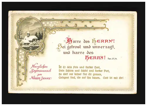 Neujahr Dorf Schnee Goldprägung Harre des Herrn Psalm, Saarbrücken 31.12.1913