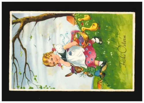 Joyeux Pâques, fille au dirdl avec des couettes Lapin de PÂques Oeufs, poste de champ 20.3.1940