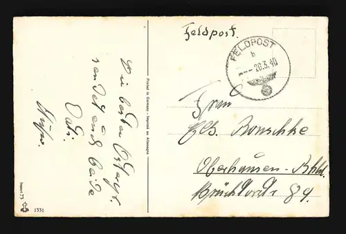 Ostern Frohe, Mädchen im Dirndl mit Zöpfen Osterhase Eier, Feldpost 20.3.1940