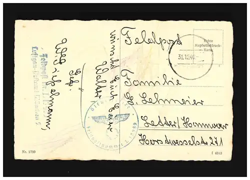 Neujahr Schwein im Korb mit Glücksklee, Feldpost, gelaufen 31.12.1940 München