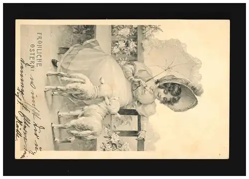 Ostern Fröhliche Mädchen mit Sonnenschirm Haube Bank Lämmchen, Düren 18.4.1908