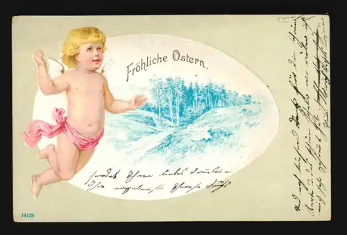 Ostern Fröhliche Engel rosa Band gehüllt  Waldlandschaft, Mühlhausen 13.4.1900