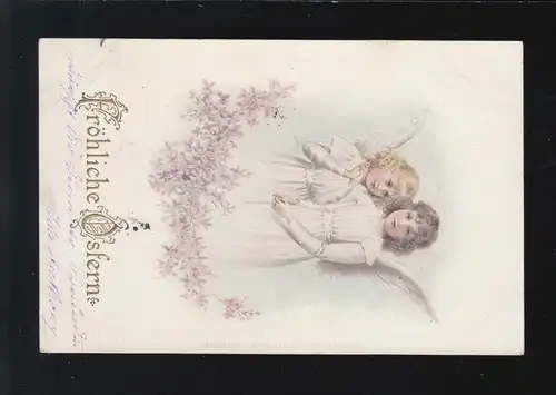 Ostern Fröhliche Engel lockige Haare Blüten Goldprägeschrift, Barth 28.3.1902