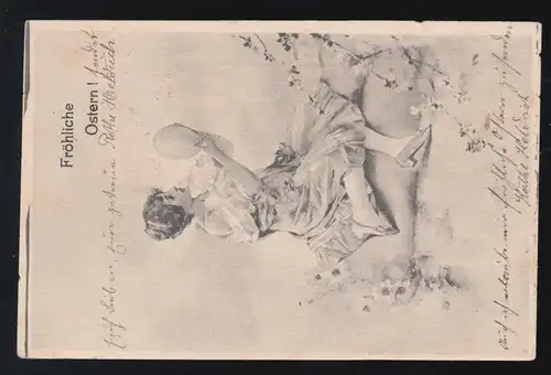 Ostern Fröhliche Frau mit Ei sitzend Blumengirlanden, München/Sulzbach 3.4.1901 