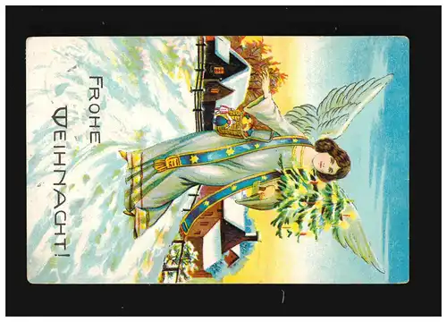 Noël Christkind plane au-dessus du village dans la neige, Rhin 23.12.1909