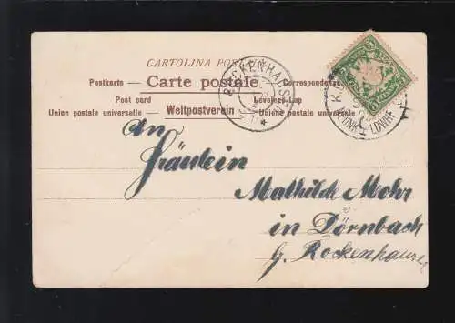 Engel lehnt über Mondsichel Sterne Stadt, Rockenhausen /K.B.Bahnpost 30.9.1902