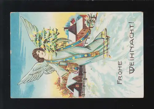 Noël Joyeux Noël! Ange flotte sur un village enneigé, inutile