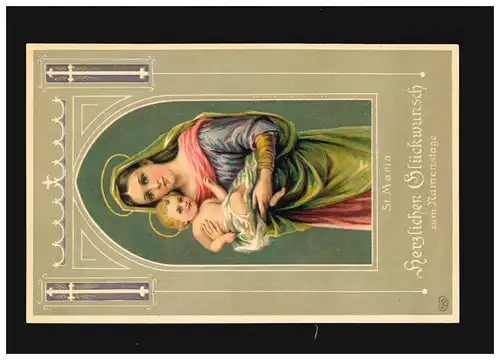 Namenstag St. Maria Glückwunsch Heilige mit Jesus Kind Prägekarte, ungebraucht