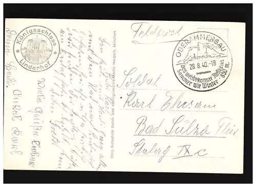 AK Schloss Linderhof Bayern, Königschlos, Feldpost, Oberammergau 28.8.1918