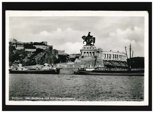 AK Koblenz Deutsches Eck mit Ehrenbreitstein, Feldpost, Niederlahnstein 21.2.44