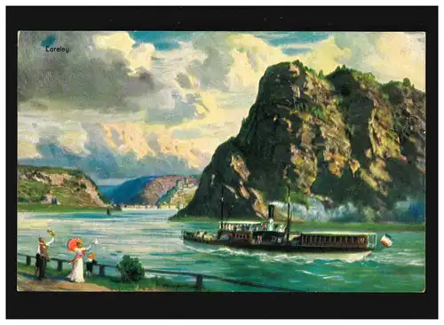 AK bateau à vapeur sur le Rhin, roche de Loreley, inutilisé