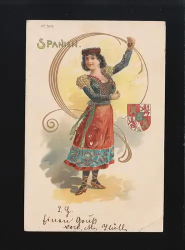 Spanien Frau in Tracht Bolero Kastagnetten Tänzerin Wappen, Itzehoe 8.8.1901